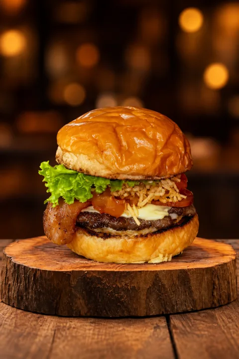 Hamburguesa artesanal con pan dorado, lechuga, cebolla crujiente y queso sobre tabla de madera en Restaurante El Bocado del Rey