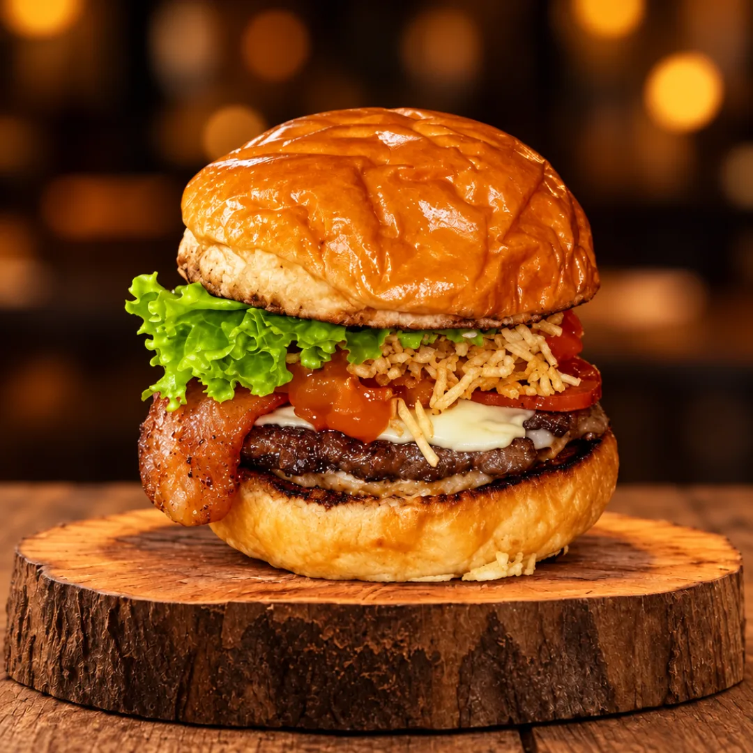 Hamburguesa con carne, queso fundido, lechuga, tomate y salsa sobre tabla de madera, con fondo oscuro